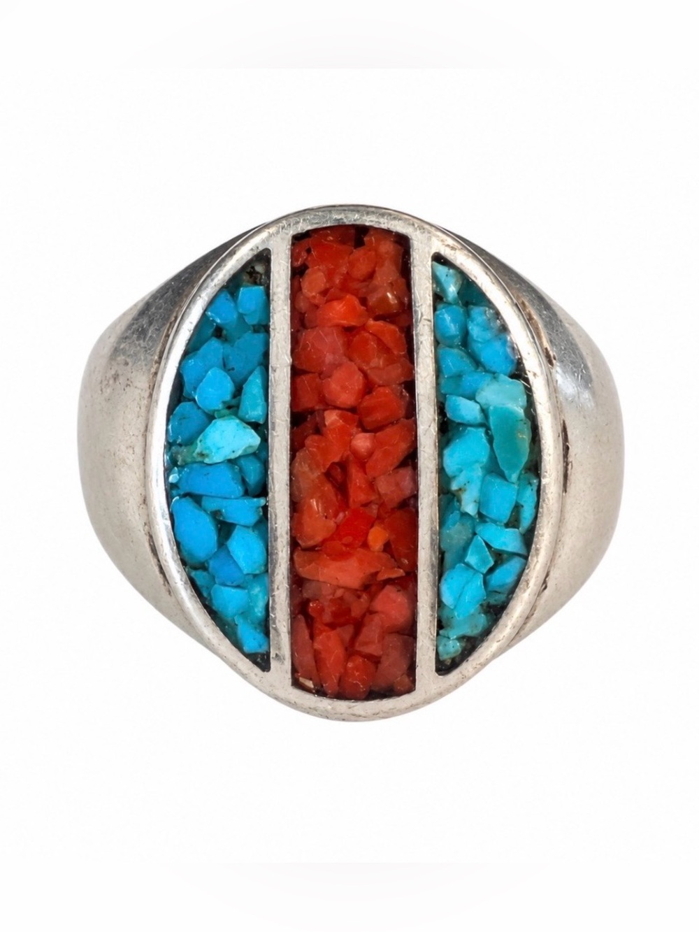 Old Pawn Native American Turquoise and Coral Inlay Ring Sterling Silver Men